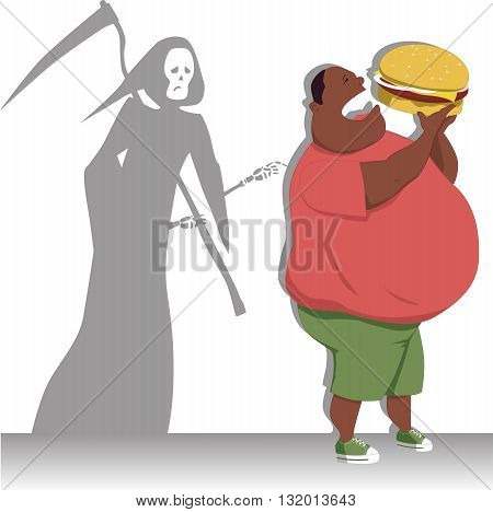 Grim Reaper tags an overweight black man eating a hamburger, vector illustration