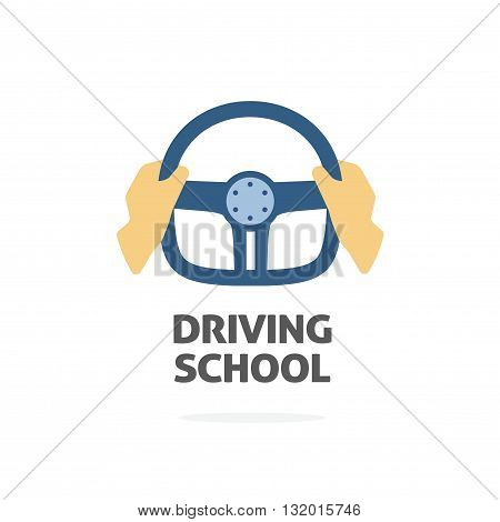 Driving school logo vector template hands holding sport steering wheel icon flat trendy cartoon symbol design isolated on white background sign
