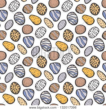 Sea stones. Vector seamless pattern with doodle sea pebles. Hand drawn stones with ornament.