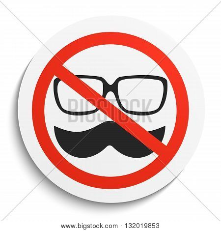 No hipster Prohibition Sign on White Round Plate. No mustache and glasses forbidden symbol. No mask Vector Illustration on white background