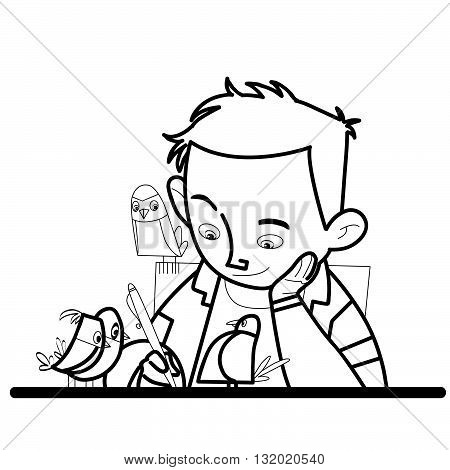 Boy writes bird watching line art caricature. The student learns. Excellent studious boy. Writer poet