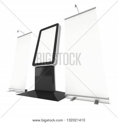 LCD Screen Floor Stand with Roll-Up. Blank Trade Show Booth. 3d render of lcd screen isolated on white background. High Resolution Floor Stand. Ad template for your expo design.