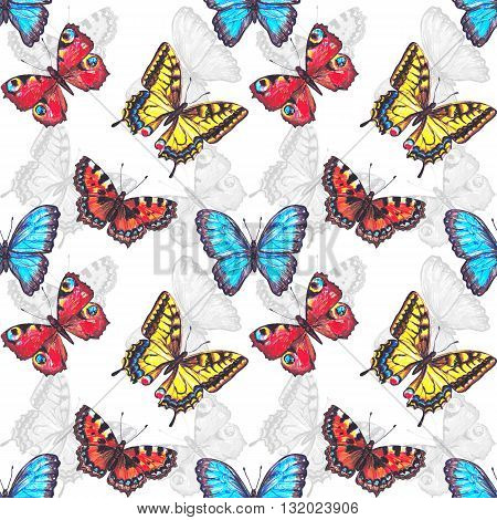 Seamless pattern of butterflies. Pattern of detailed hand drawn marker butterflies