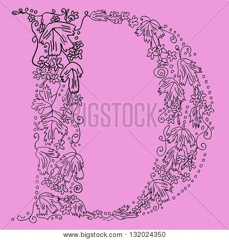 Herbarium font, type. Floral vector letters. Letter D. Flower alphabet. Zentagle.