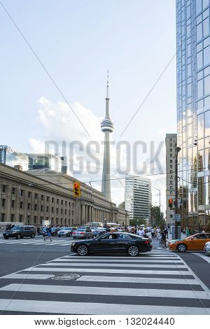 TORONTO,CANADA-AUGUST 2, 2015: view of the CNN towers in Toronto during a sunny day from one of the central streets of the city.