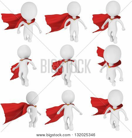 Man brave superhero with red cloak fly above set. Isolated on white 3d render. Flying power freedom concept collection.