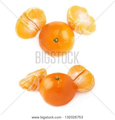 Two halves and fresh juicy tangerine fruit served isolated over the white background