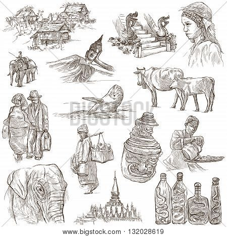 Travel series LAOS - Pictures of Life. Collection of an hand drawn illustrations - Lao People's Democratic Republic. Pack of full sized hand drawn illustrations set of freehand sketches. Drawing on white.