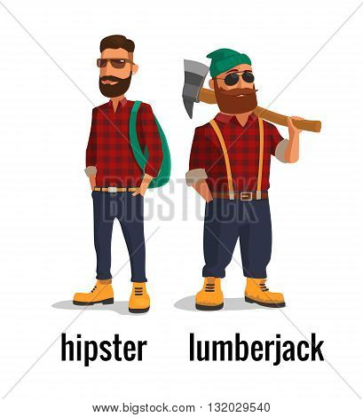 Lumberjack and hipster in the yellow shoes and a red plaid shirt. Vector flat illustration on white background.