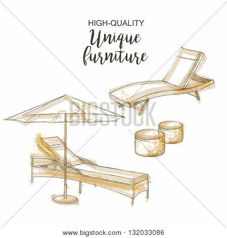chair lounge umbrella sketch furniture isolated beach