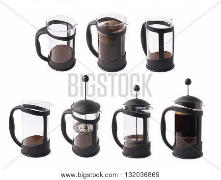 French press pot coffee maker isolated over the white background, set of multiple different foreshortenings