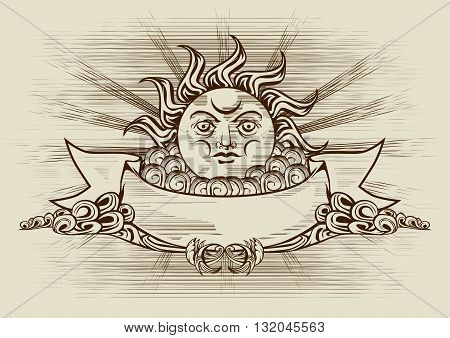 Vintage banner with face of the sun with a ribbon and decorative clouds