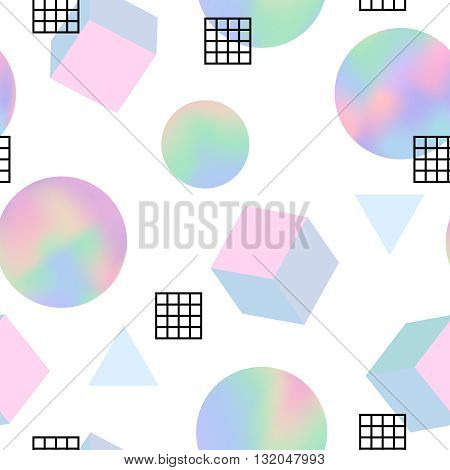 Geometric holographic trendy 80s retro seamless pattern. Holographic memphis background. Holographic retro layout. Funky hipster texture for phone case, poster, textile, art print. Hologram effect.