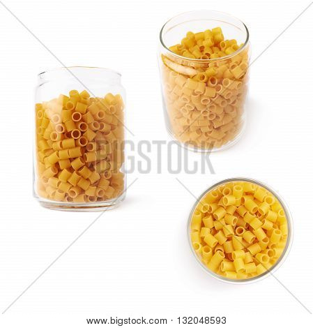 Set of glass jar filled with dry ditalini yellow pasta over isolated white background, different foreshortenings