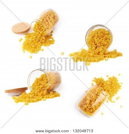Set of glass jar filled with dry ditalini yellow pasta over isolated white background, different foreshortenings