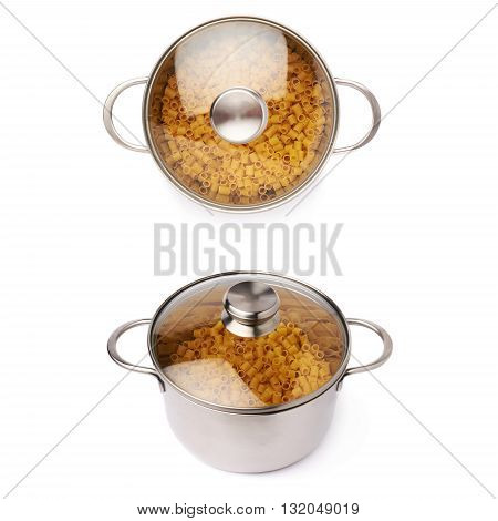 Set of metal pan with glass lid filled with dry ditalini yellow pasta over isolated white background, different foreshortenings