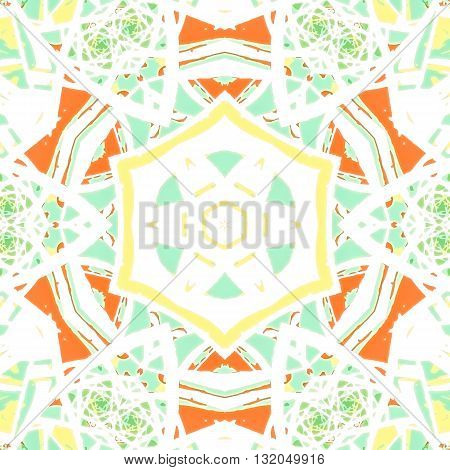Multicolored kaleidoscopic tile element colored with stylish palette. Symmetrical seamless pattern that can be used as a background texture or for print.