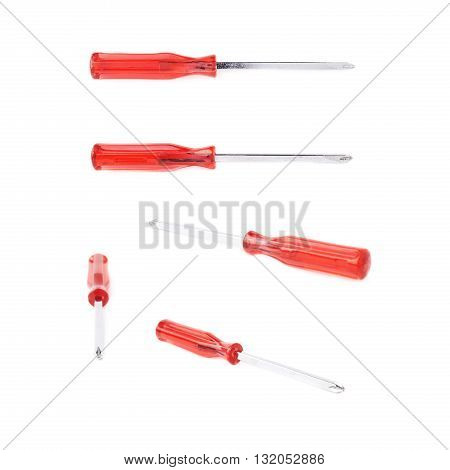 Set of cruciform screwdriver with the red handle isolated over white background, different foreshortenings