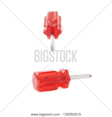 Set of cruciform screwdriver with the red handle isolated over white background, different foreshortenings
