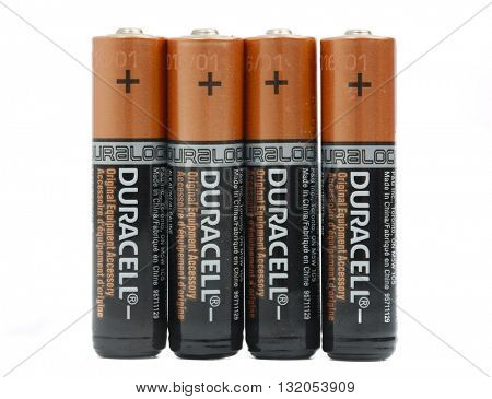 BUDAPEST, HUNGARY - MAY 1, 2016: Four AAA sized Duracell batteries