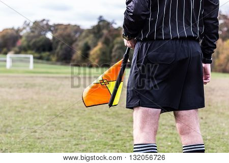 Soccer linesman overlooking field with goal in the distance.