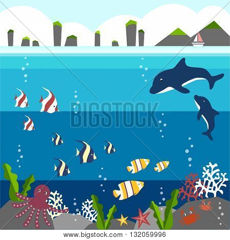 summer flat illustration background under the sea