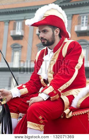 Naples Italy. May 29 2016: a partecipant of the parade of traditional carriages with actors in historical costumes to commemorate the three hundredth anniversary of the birth of Charles of Spain who was King of Naples from 1734 to 1759