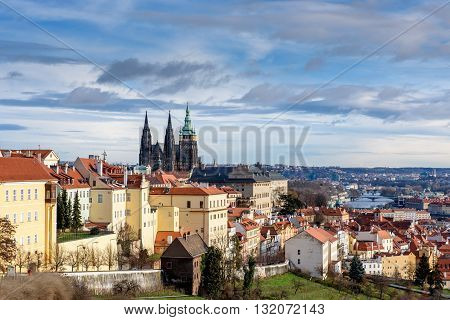 Panorama of Prague, view from a hill of cloud by day.
