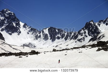 Hiker in snowy mountains. Turkey Kachkar Mountains in spring (highest part of Pontic Mountains).