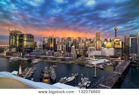 SYDNEY AUSTRALIA - augus, 5, 2016 : Sunset at Darling Harbour adjacent to the city center of Sydney and also a recreational place in Sydney central business district