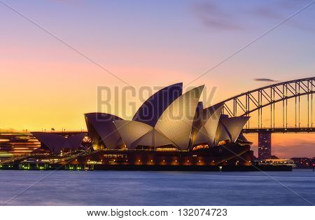SYDNEY AUSTRALIA - Augus,5, 2016 : Sunset at Sydney Opera House Sydney Australia Over 10 millions tourists visit Sydney every year