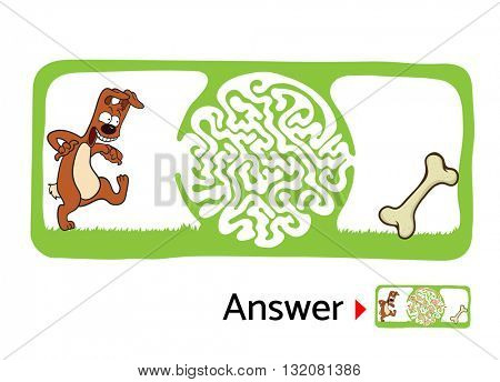 Maze puzzle for kids with dog and bone. Labyrinth illustration, solution included.
