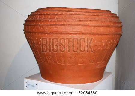 MALAGA, SPAIN - JULY 11, 2008 - Museum exhibit of a large pot with a stamped design Nasrid Palace Malaga Castle (Alcazaba de Malaga) Malaga Malaga Province Andalucia Spain Western Europe, July 11, 2008.