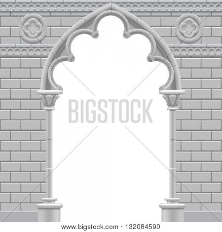 Stone gothic arch and wall in black and white colors. Antique architecture frame and background in shades of gray.  Vector Illustration