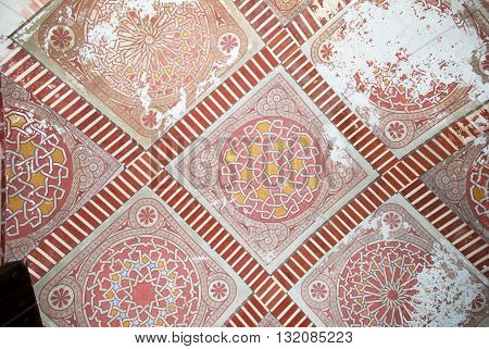MALAGA, SPAIN - JULY 11, 2008 - Decorated ceiling of the principal entrance with the Nasrid Palace Malaga Castle (Alcazaba de Malaga) Malaga Malaga Province Andalucia Spain Western Europe, July 11, 2008.