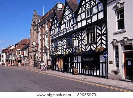LICHFIELD, UK - JULY 14, 1993 - Tudor Cafe and Guildhall along Bore Street Lichfield Staffordshire England UK Western Europe, July 14, 1993.