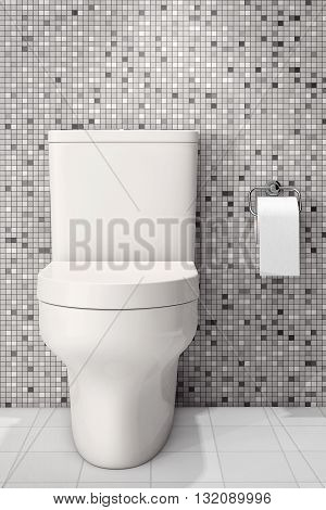 White Ceramic Toilet Bowl in front of Tiles Wall. 3d Rendering