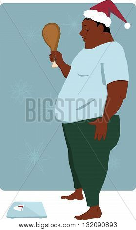 Overweight black man with a turkey drumstick in his hand and Santa hat on his head anxious to step on the scales, vector illustration, no transparencies, EPS 8
