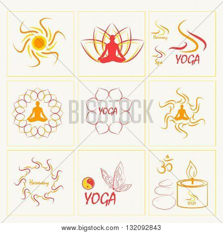 Set of icons illustrations and logo on the theme of yoga and healthy lifestyle. Gold and pink colors.