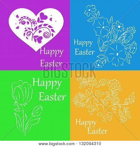 Set of white stickers on a colored background for spring greetings for Easter. It can be used to gift card accompanying
