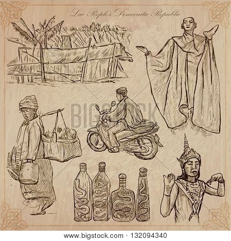 Travel collection. LAOS traveling set. Pictures of Life Lao People's Democratic Republic.Hand drawn vector pack freehand sketching. Illustrations are editable.All things are named inside the vector.