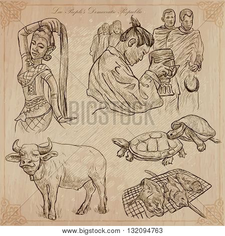 Travel collection. LAOS traveling set. Pictures of Life Lao People's Democratic Republic.Hand drawn vector pack freehand sketching. Illustrations are editable.All things are named inside the vector.