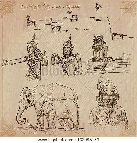 Travel collection. LAOS traveling set. Pictures of Life Lao People's Democratic Republic.Hand drawn vector pack freehand sketching. Illustrations are editable.All things are named inside the vector.