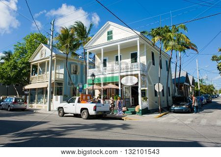 KEY WEST FLORIDA USA - MAY 01 2016: Typical Florida houses in Duval street in the center of Key West