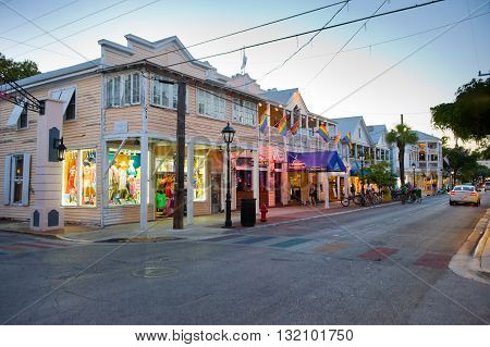 KEY WEST FLORIDA USA - MAY 01 2016: Shops in the twilight in Duval street in the center of Key West