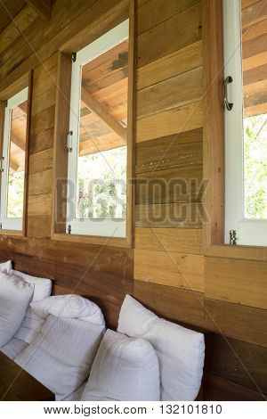 Wooden interior living room with window stock photo