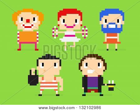 Pixel art characters group of circus people: clown juggler bearded woman strong man magician with rabbit in cylinder