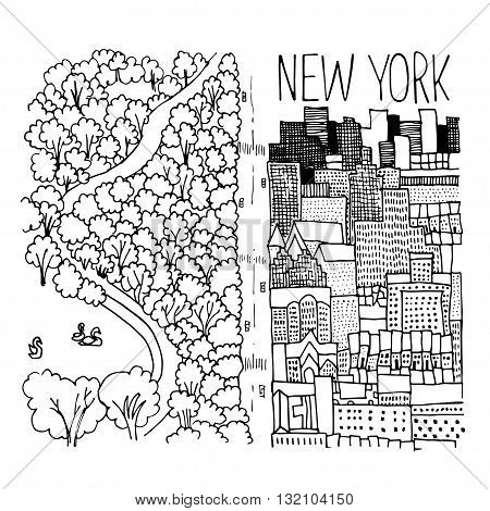 Hand drawn illustration of Central Park in New York. Simple sketch style. Black contour isolated on white background. Vector illustration.