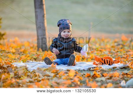 Cheerful baby sitting in the park in autumn. Kid playing on the grass in the fall. Children play in the park on the grass. Little boy sitting on the grass.