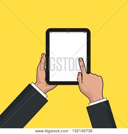 Digital tablet in businessman hands. Hands using tablet. Mockup of modern vertical tablet with touchscreen. Vector flat design.